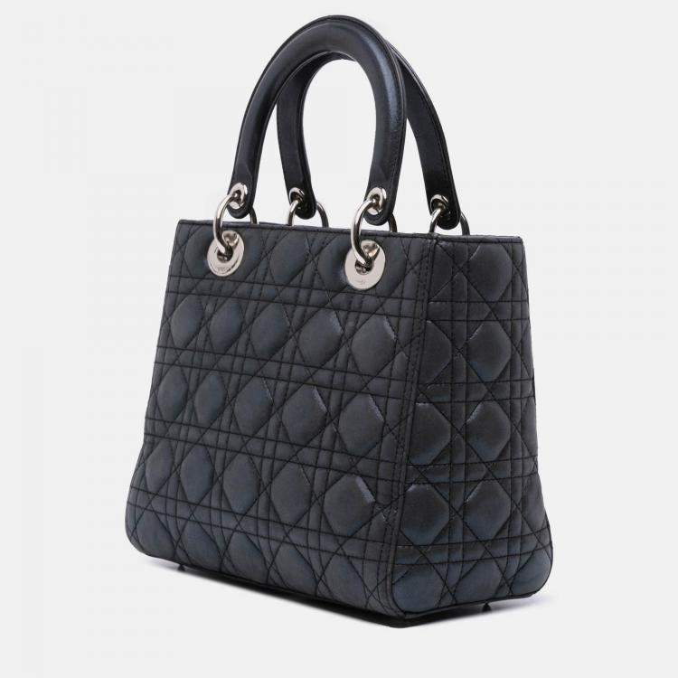Pre Owned Dior Black Medium Iridescent Lambskin Cannage Lady Dior