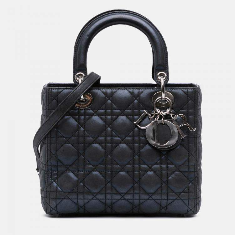 Pre Owned Dior Black Medium Iridescent Lambskin Cannage Lady Dior