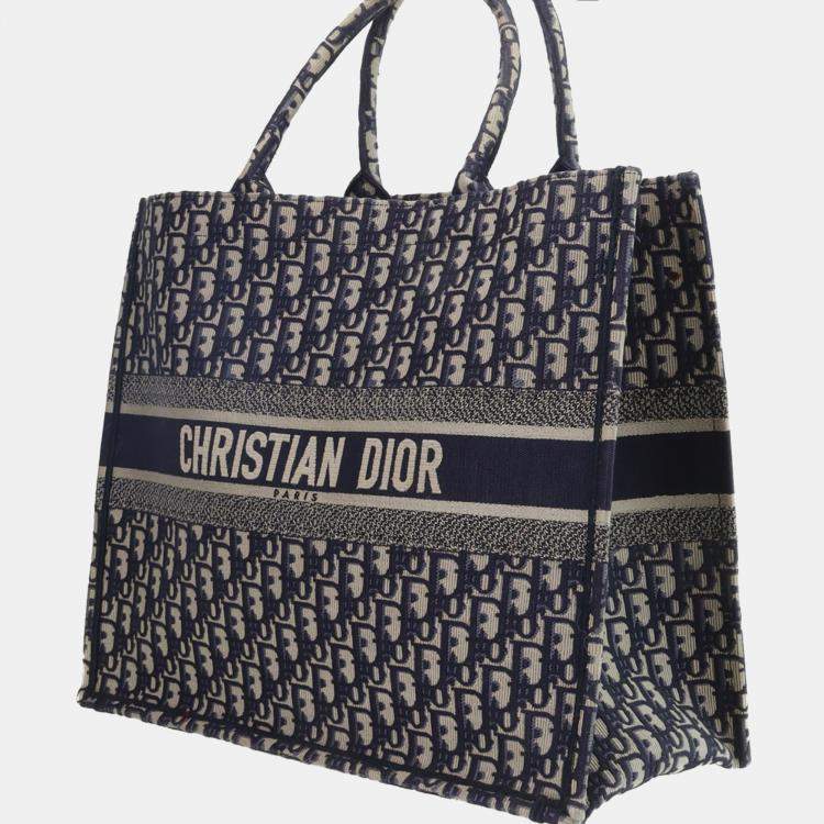 Pre Owned Dior Navy Blue Oblique Embroidered Canvas Large Book Tote