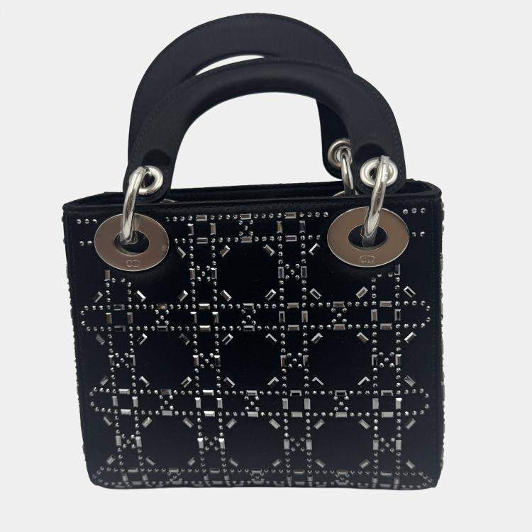 Pre Owned Dior Black Cannage Satin Mini Crystal Embellished Lady Dior Tote