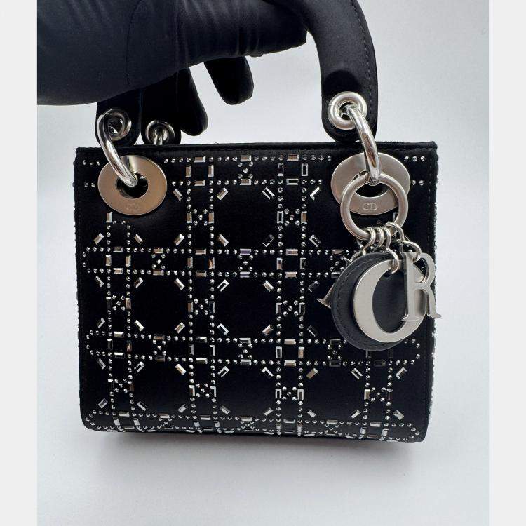Pre Owned Dior Black Cannage Satin Mini Crystal Embellished Lady Dior Tote