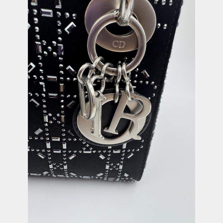 Pre Owned Dior Black Cannage Satin Mini Crystal Embellished Lady Dior Tote