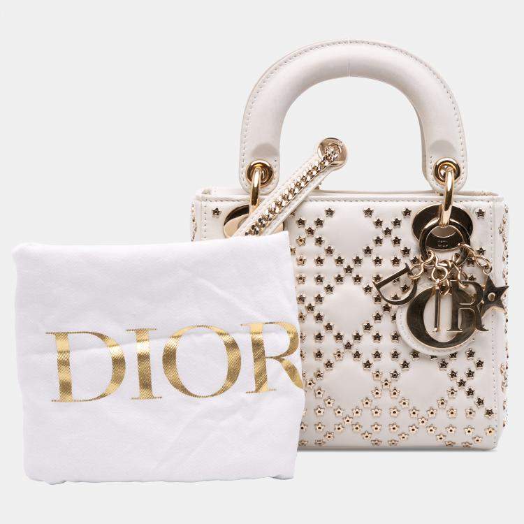 Pre Owned Dior White Mini Lambskin Cannage Lucky Star Studded Lady Dior