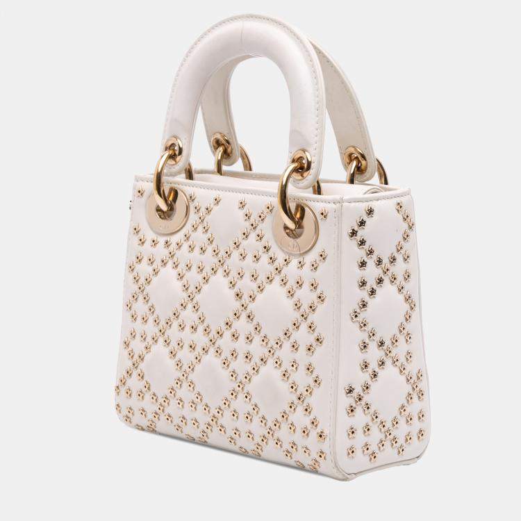 Pre Owned Dior White Mini Lambskin Cannage Lucky Star Studded Lady Dior