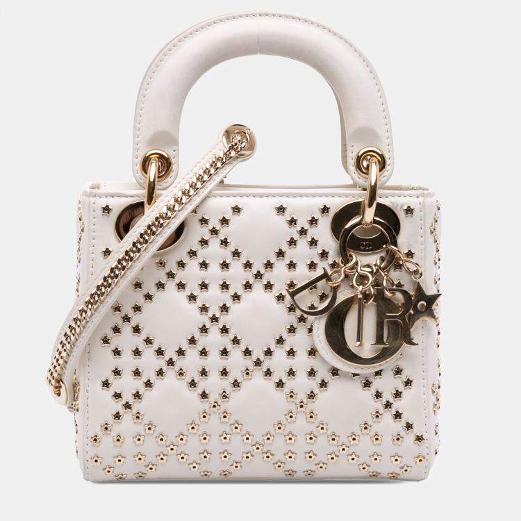 Pre Owned Dior White Mini Lambskin Cannage Lucky Star Studded Lady Dior