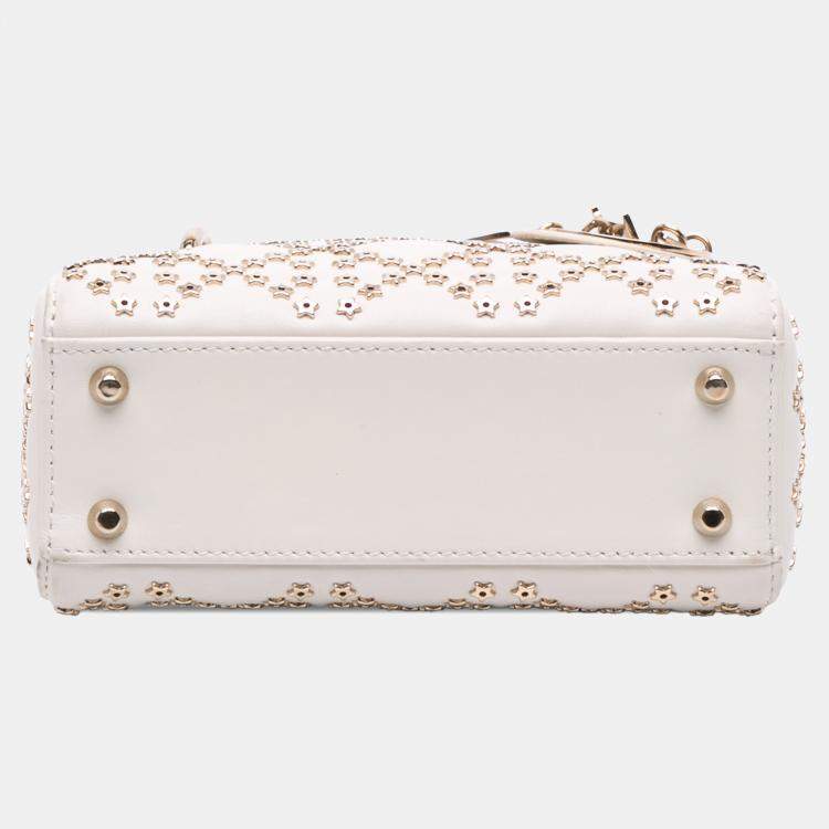 Pre Owned Dior White Mini Lambskin Cannage Lucky Star Studded Lady Dior