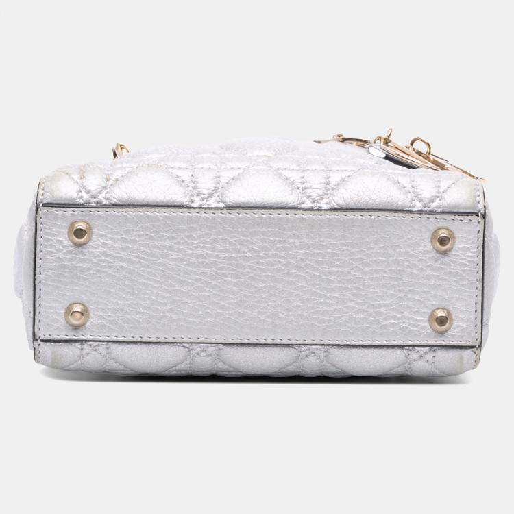 Pre Owned Dior Silver Mini Metallic Grained Calfskin Cannage Lady Dior