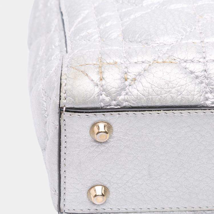 Pre Owned Dior Silver Mini Metallic Grained Calfskin Cannage Lady Dior