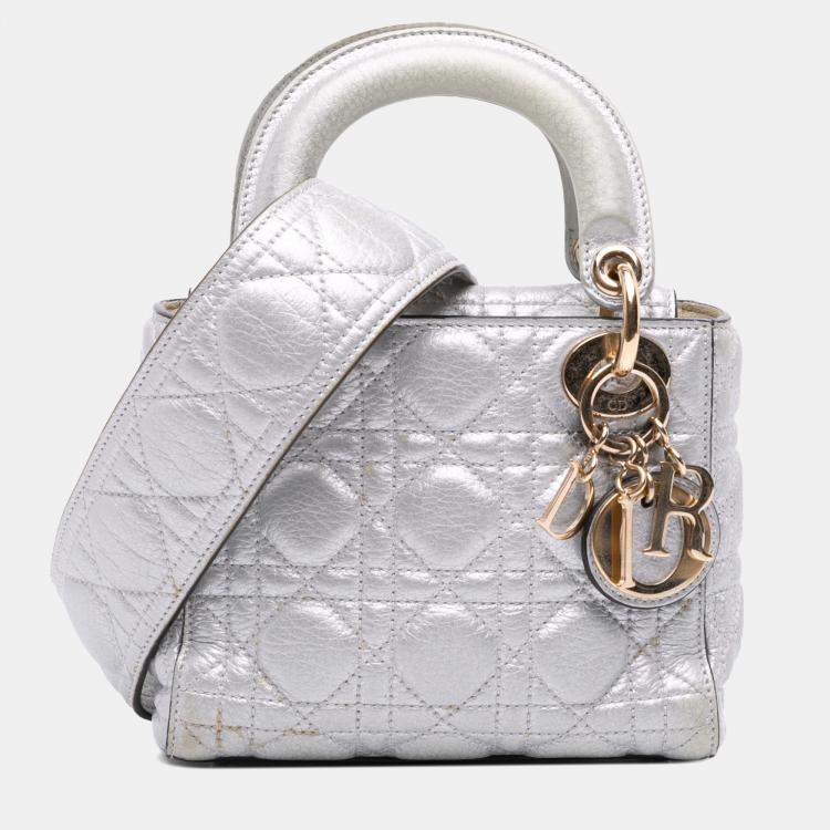 Pre Owned Dior Silver Mini Metallic Grained Calfskin Cannage Lady Dior