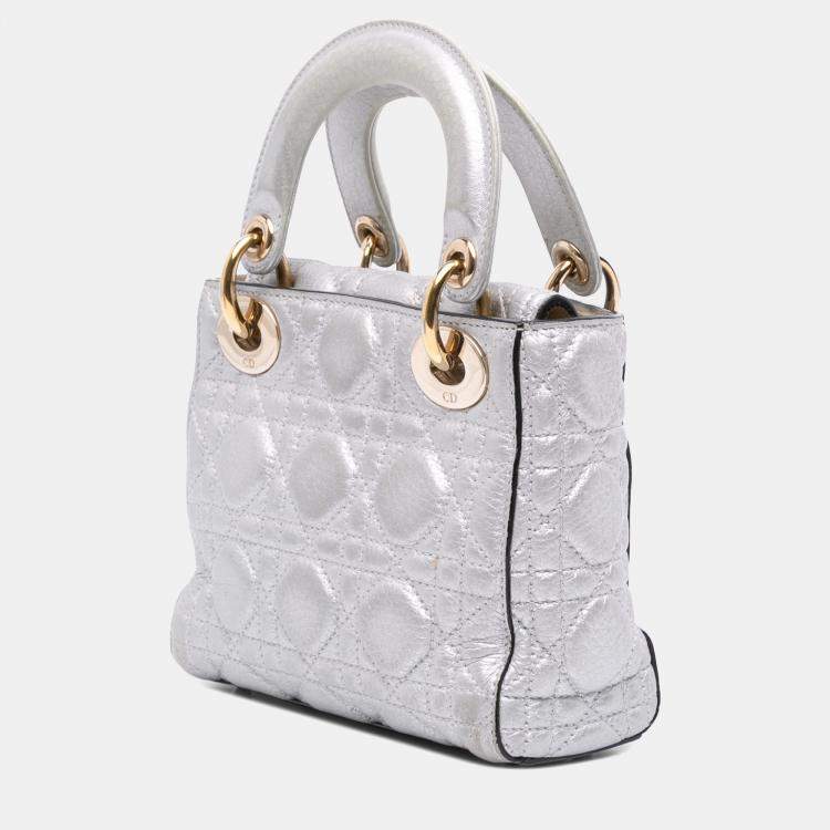 Pre Owned Dior Silver Mini Metallic Grained Calfskin Cannage Lady Dior