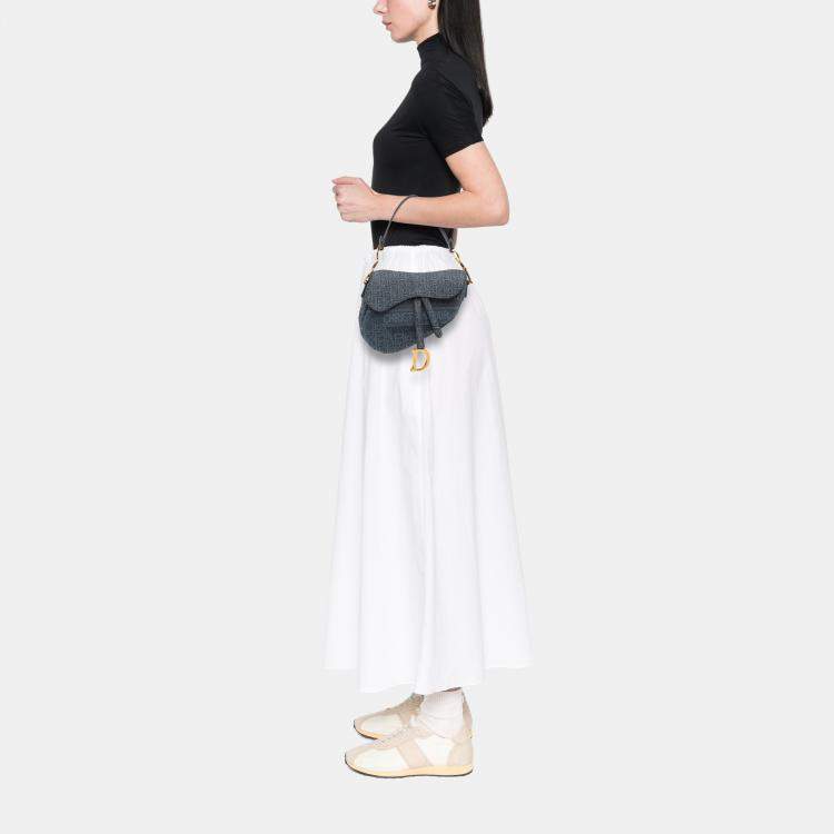 Pre Owned Dior Blue Oblique Denim Embroidered Saddle Bag