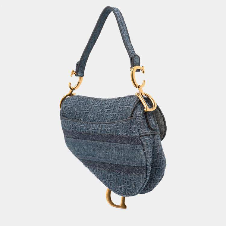 Pre Owned Dior Blue Oblique Denim Embroidered Saddle Bag
