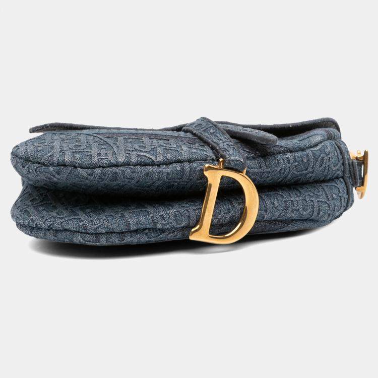 Pre Owned Dior Blue Oblique Denim Embroidered Saddle Bag