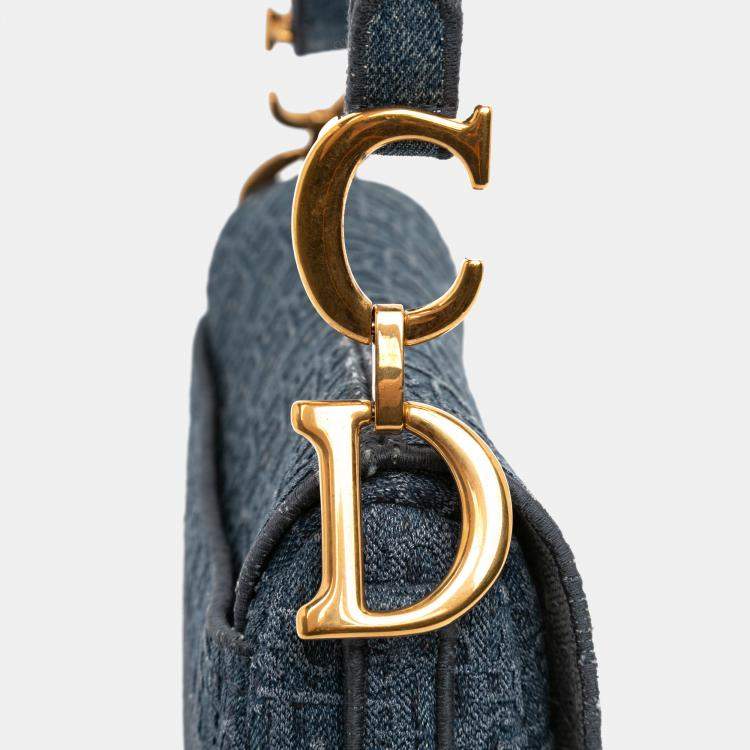 Pre Owned Dior Blue Oblique Denim Embroidered Saddle Bag