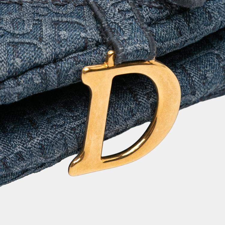 Pre Owned Dior Blue Oblique Denim Embroidered Saddle Bag