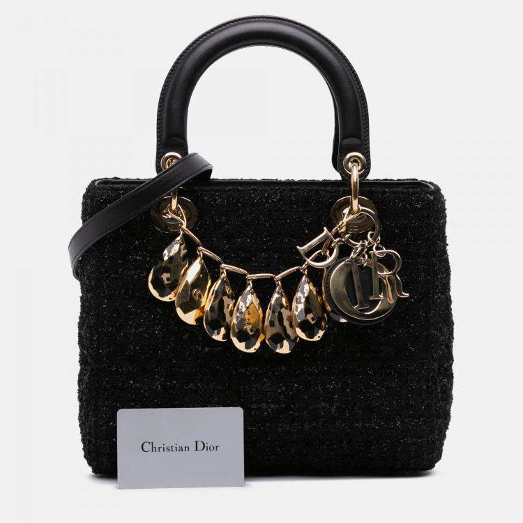 Pre Owned Dior Black Medium Tweed Cannage Glitter Leopard Charm Lady Dior