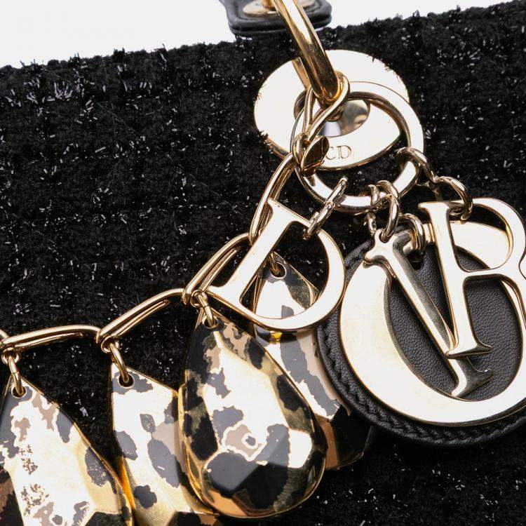 Pre Owned Dior Black Medium Tweed Cannage Glitter Leopard Charm Lady Dior