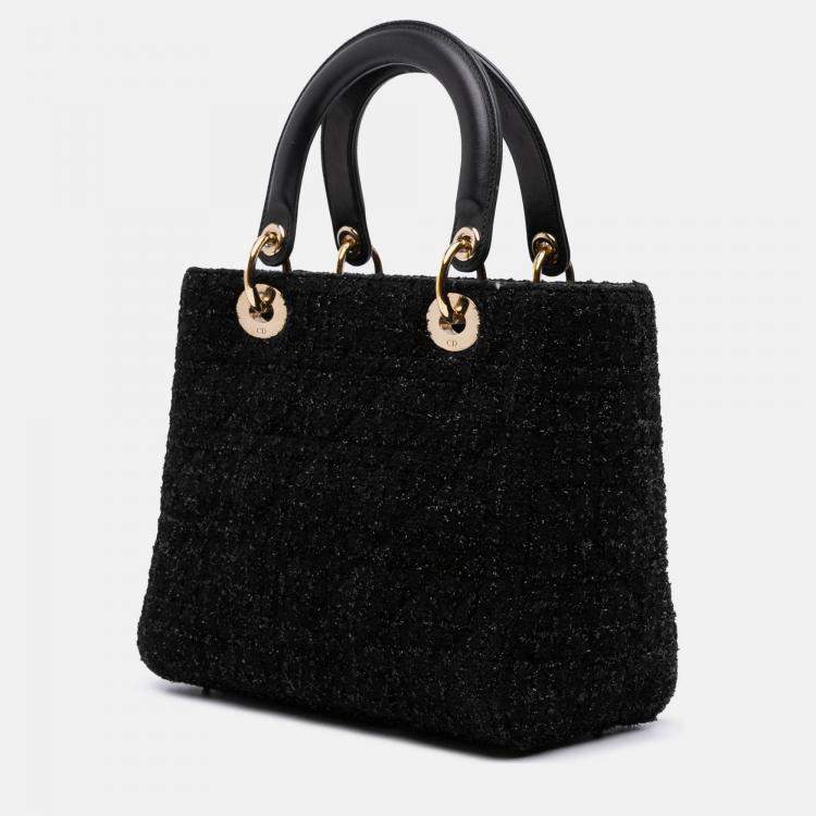 Pre Owned Dior Black Medium Tweed Cannage Glitter Leopard Charm Lady Dior