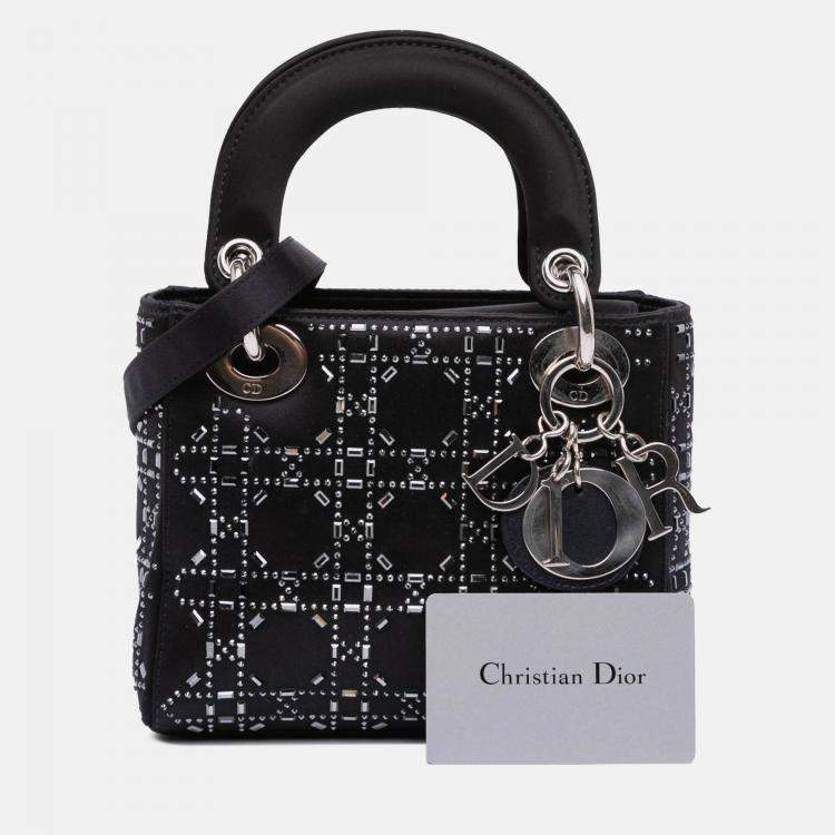 Pre Owned Dior Black Mini Satin Cannage Strass Crystal Embellished Lady Dior