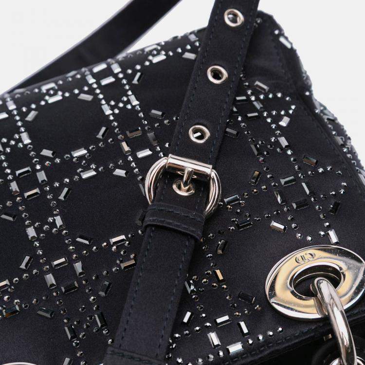 Pre Owned Dior Black Mini Satin Cannage Strass Crystal Embellished Lady Dior