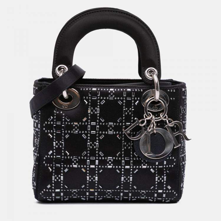 Pre Owned Dior Black Mini Satin Cannage Strass Crystal Embellished Lady Dior