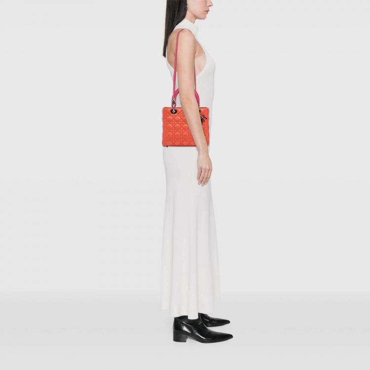 Pre Owned Dior Orange Pink Medium Bicolor Lambskin Cannage Lady Dior