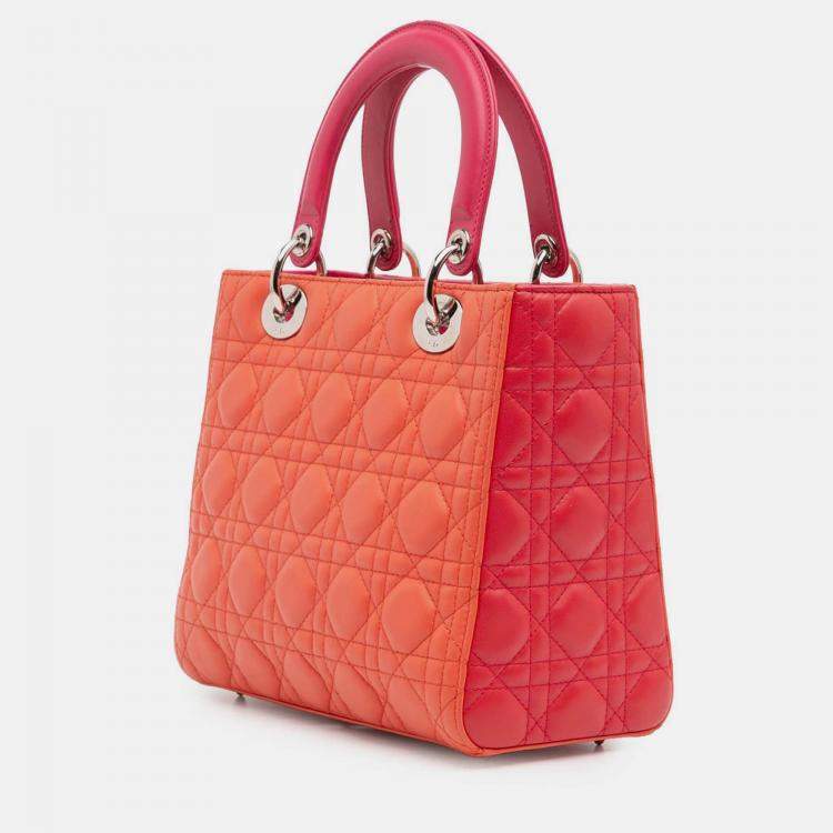 Pre Owned Dior Orange Pink Medium Bicolor Lambskin Cannage Lady Dior