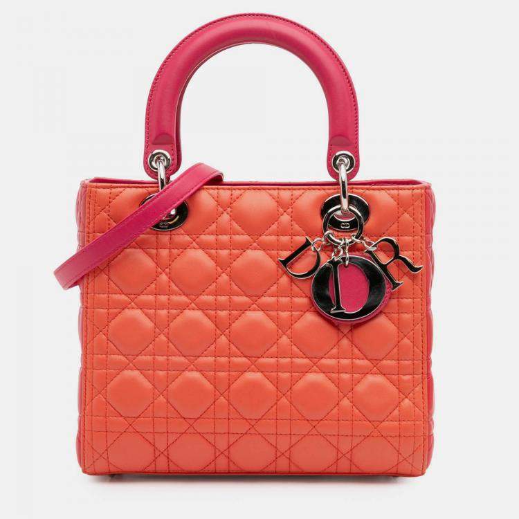 Pre Owned Dior Orange Pink Medium Bicolor Lambskin Cannage Lady Dior