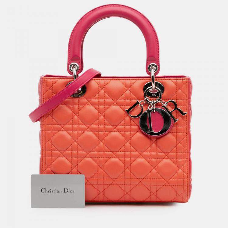 Pre Owned Dior Orange Pink Medium Bicolor Lambskin Cannage Lady Dior