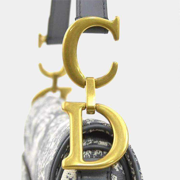 Pre Owned Christian Dior Shoulder Bag Saddle Toile De Jouy Reverse Jacquard Canvas Leather Gray Off-White Gold