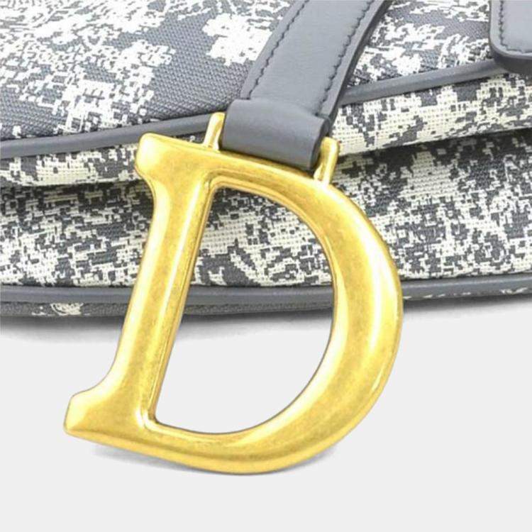 Pre Owned Christian Dior Shoulder Bag Saddle Toile De Jouy Reverse Jacquard Canvas Leather Gray Off-White Gold