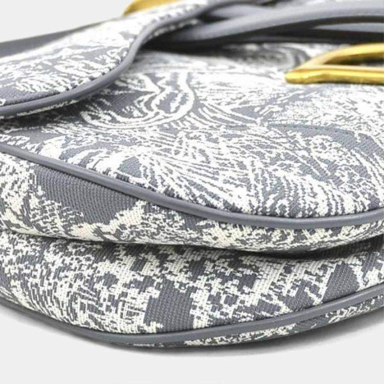 Pre Owned Christian Dior Shoulder Bag Saddle Toile De Jouy Reverse Jacquard Canvas Leather Gray Off-White Gold