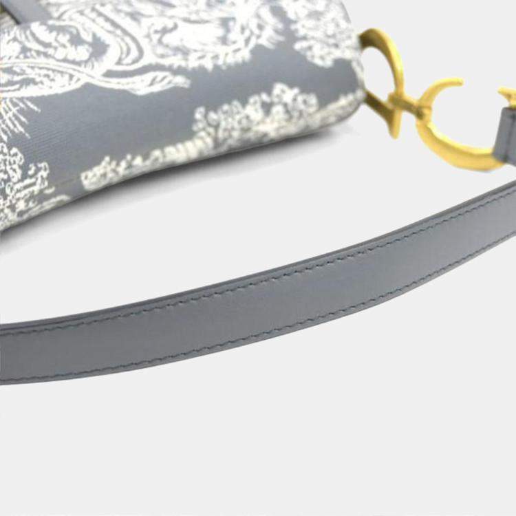 Pre Owned Christian Dior Shoulder Bag Saddle Toile De Jouy Reverse Jacquard Canvas Leather Gray Off-White Gold