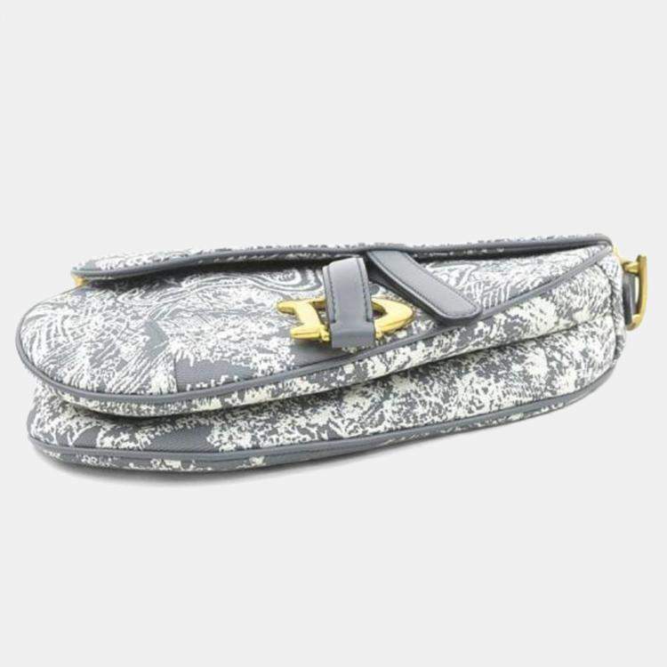 Pre Owned Christian Dior Shoulder Bag Saddle Toile De Jouy Reverse Jacquard Canvas Leather Gray Off-White Gold