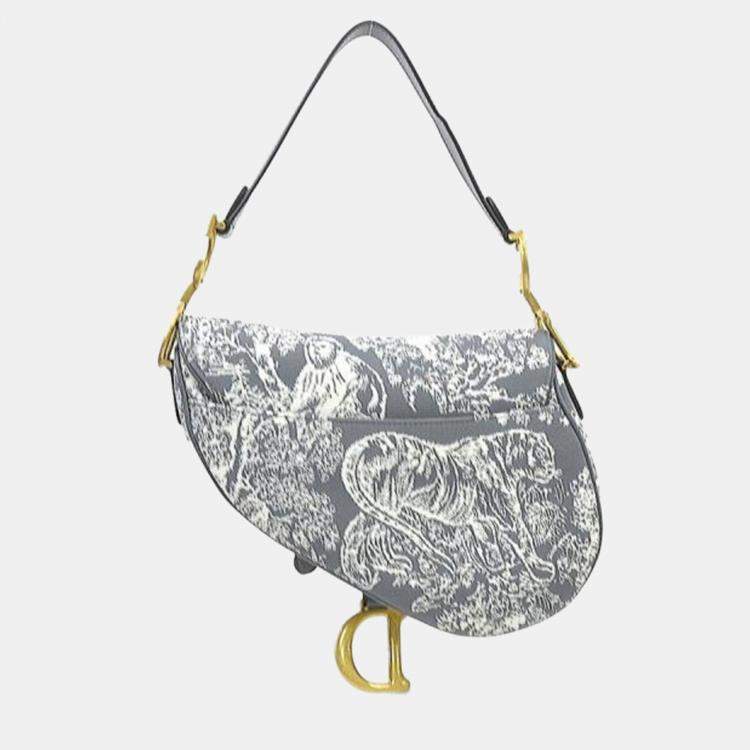 Pre Owned Christian Dior Shoulder Bag Saddle Toile De Jouy Reverse Jacquard Canvas Leather Gray Off-White Gold