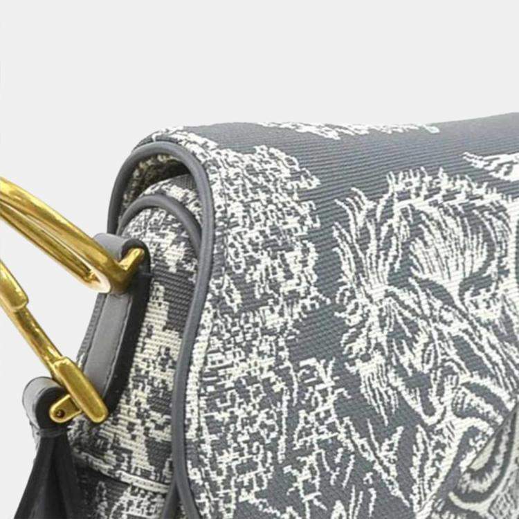 Pre Owned Christian Dior Shoulder Bag Saddle Toile De Jouy Reverse Jacquard Canvas Leather Gray Off-White Gold