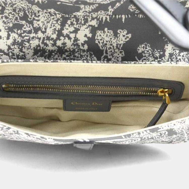 Pre Owned Christian Dior Shoulder Bag Saddle Toile De Jouy Reverse Jacquard Canvas Leather Gray Off-White Gold
