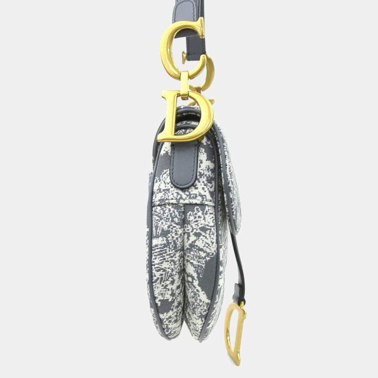 Pre Owned Christian Dior Shoulder Bag Saddle Toile De Jouy Reverse Jacquard Canvas Leather Gray Off-White Gold