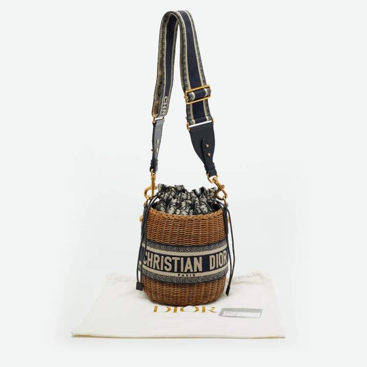 Pre Owned Dior Navy Blue/Brown Oblique Canvas and Raffia Drawstring Bucket Bag