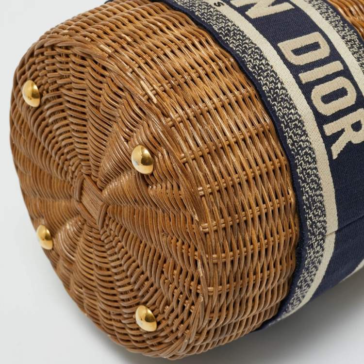 Pre Owned Dior Navy Blue/Brown Oblique Canvas and Raffia Drawstring Bucket Bag