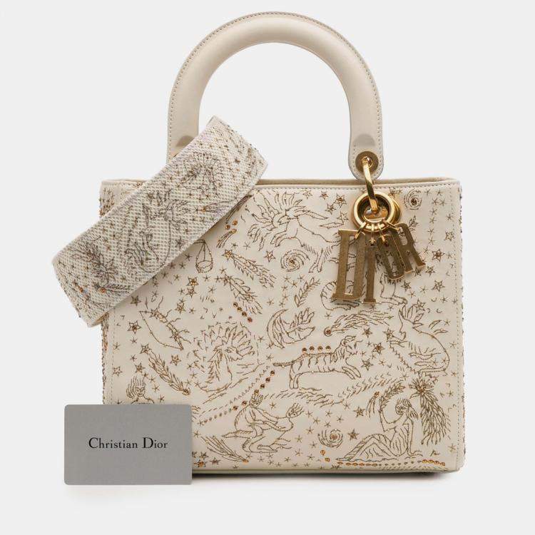 Pre Owned Dior Beige/Gold Medium Calfskin Embroidered Astrology Lady Dior