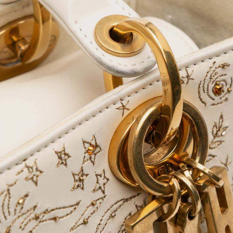 Pre Owned Dior Beige/Gold Medium Calfskin Embroidered Astrology Lady Dior