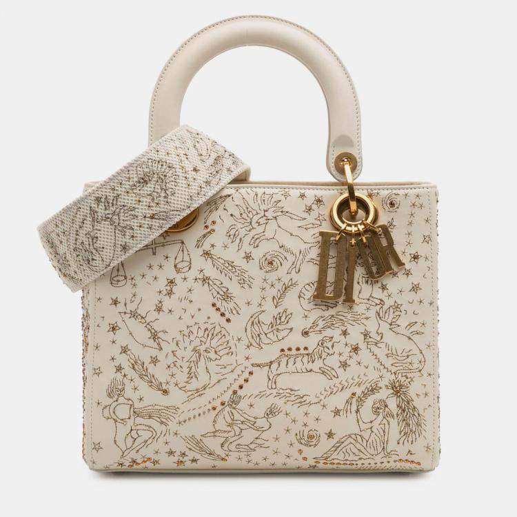 Pre Owned Dior Beige/Gold Medium Calfskin Embroidered Astrology Lady Dior