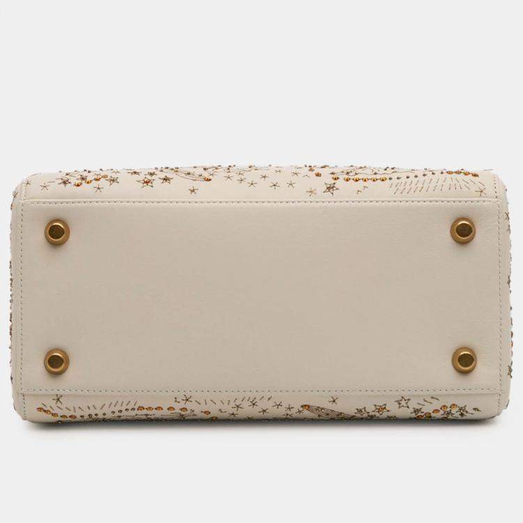 Pre Owned Dior Beige/Gold Medium Calfskin Embroidered Astrology Lady Dior