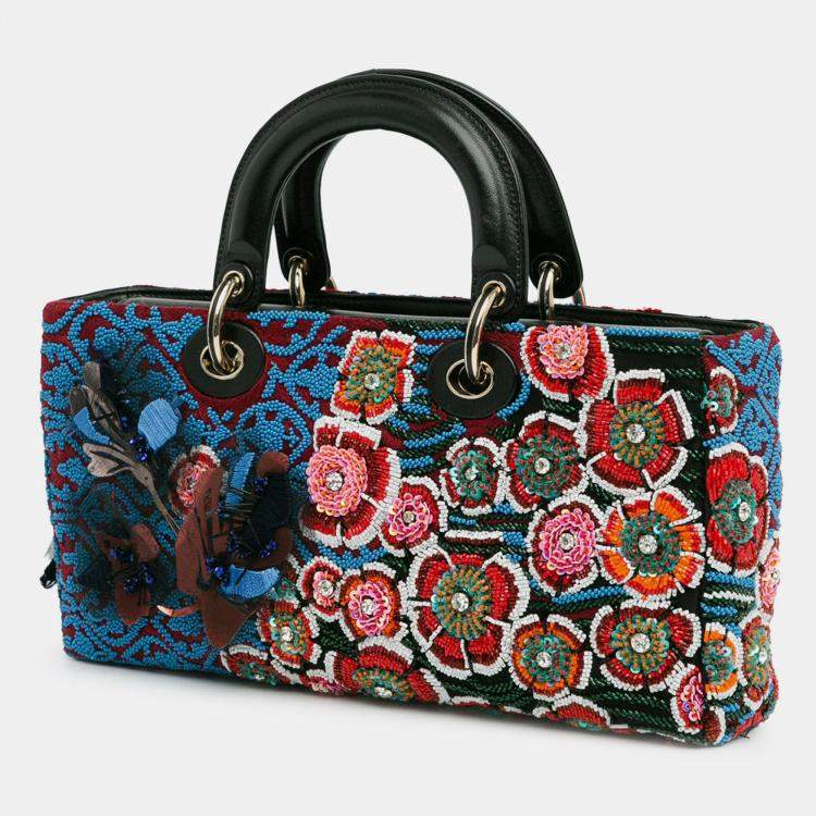 Pre Owned Dior Blue Medium Beaded Ribbon Embroidered Floral Lady D Joy