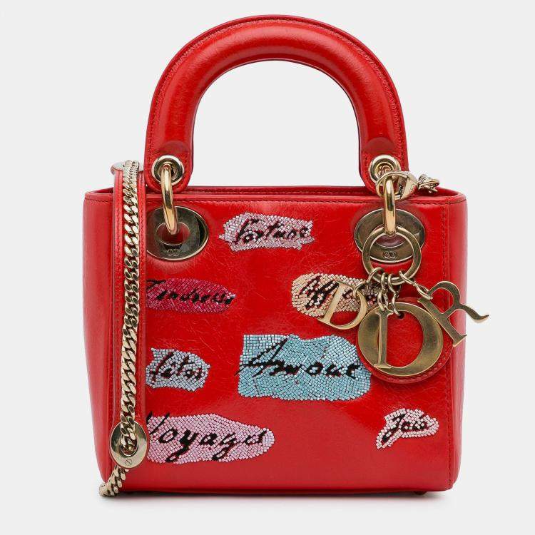 Pre Owned Dior Red Mini Calfskin Sequin Embellished Lady Dior