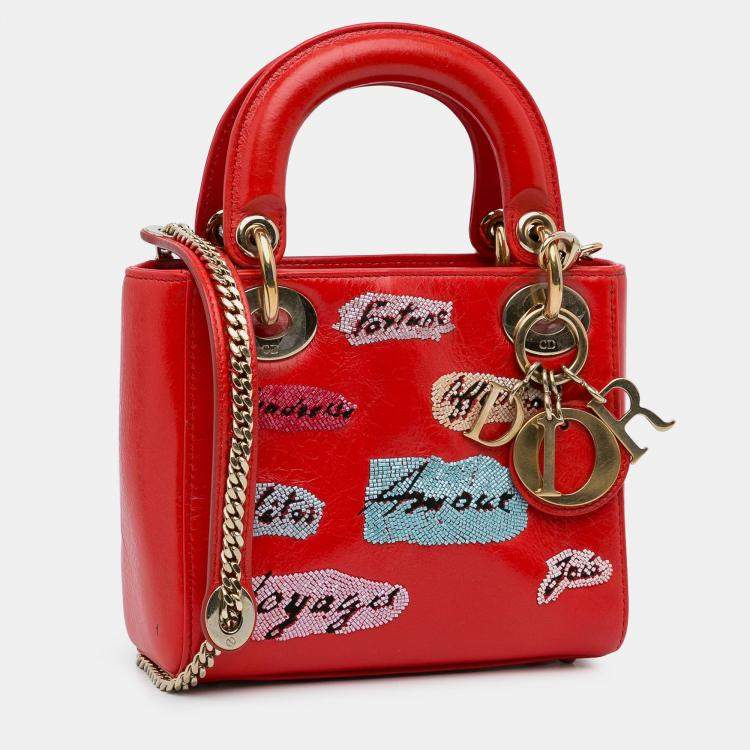 Pre Owned Dior Red Mini Calfskin Sequin Embellished Lady Dior