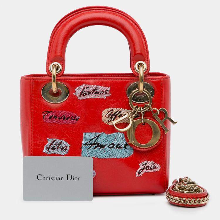 Pre Owned Dior Red Mini Calfskin Sequin Embellished Lady Dior