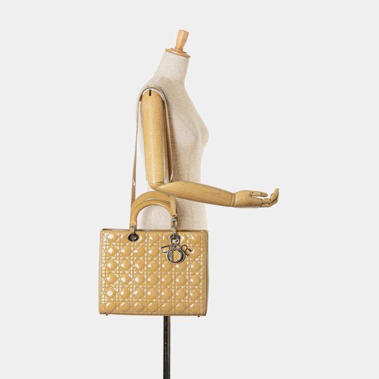 Pre Owned Dior Beige Brown Large Patent Cannage Lady Dior