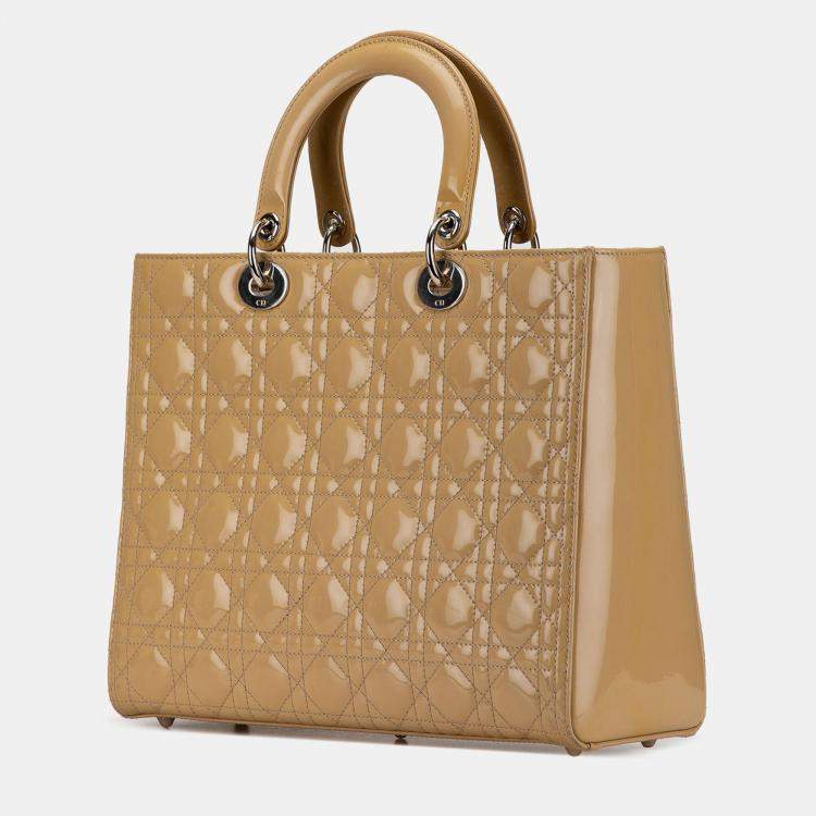 Pre Owned Dior Beige Brown Large Patent Cannage Lady Dior